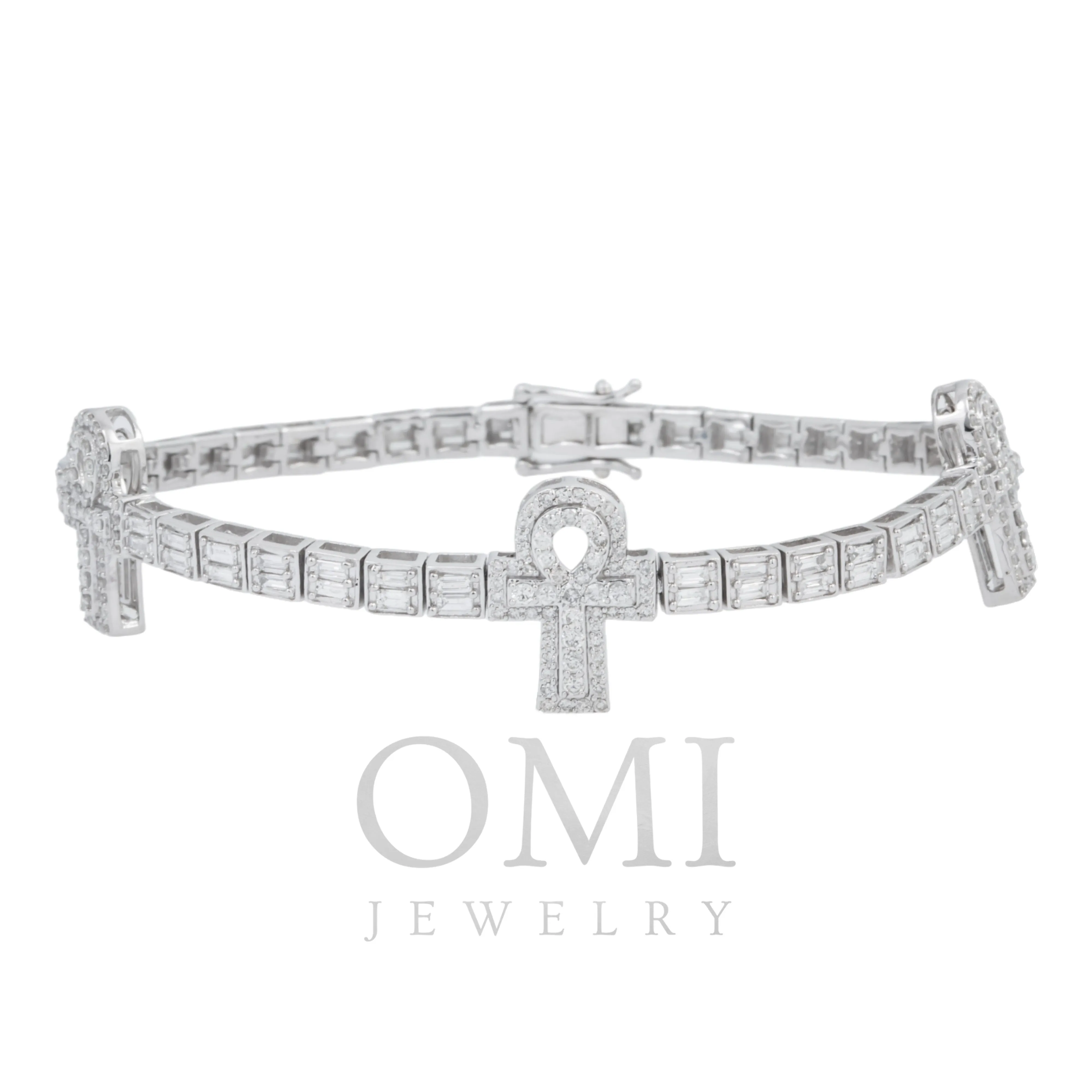 10K GOLD ROUND AND BAGUETTE DIAMOND ANKH BRACELET 4.00 CT