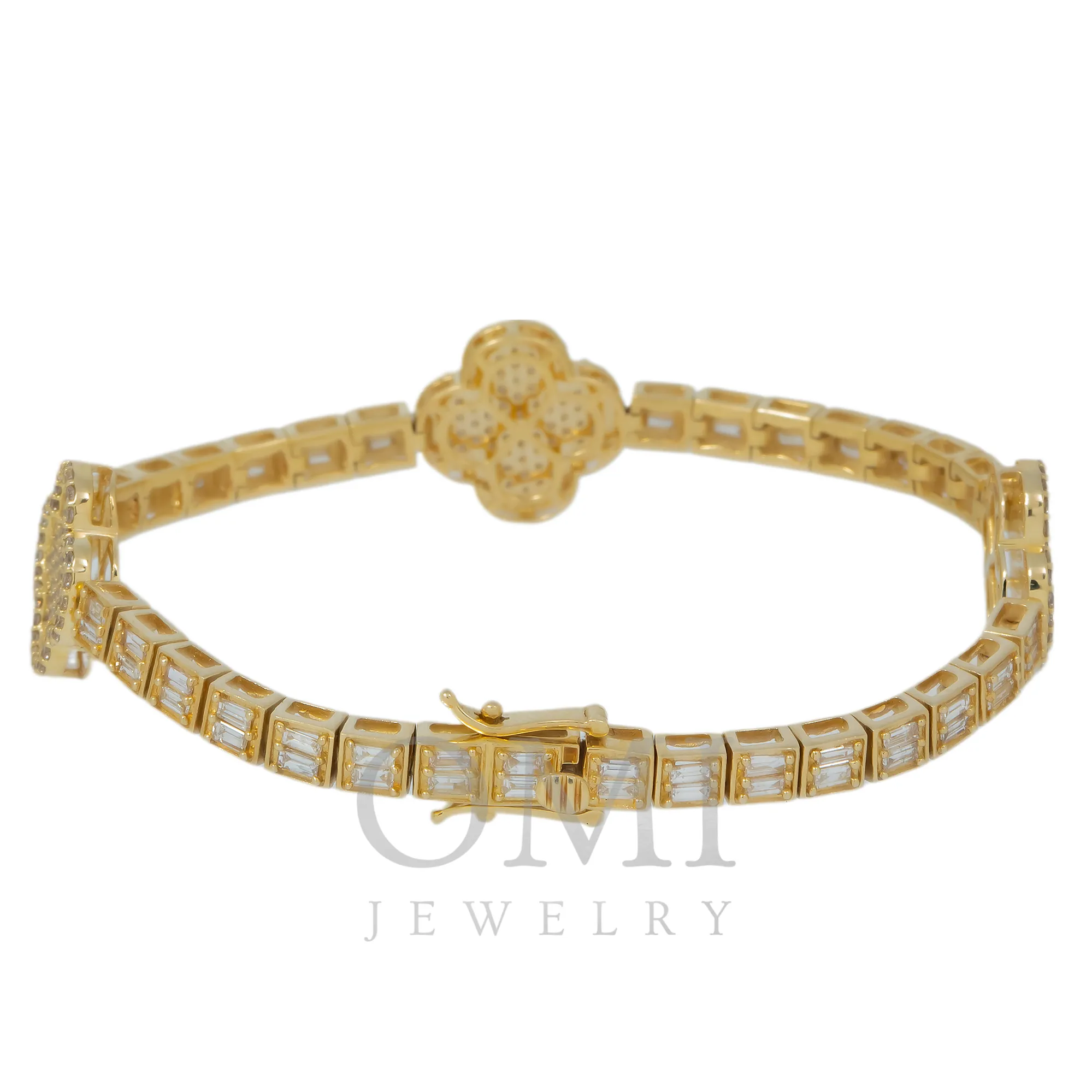 10K GOLD ROUND AND BAGUETTE DIAMONDS CLOVER BRACELET 3.75 CT