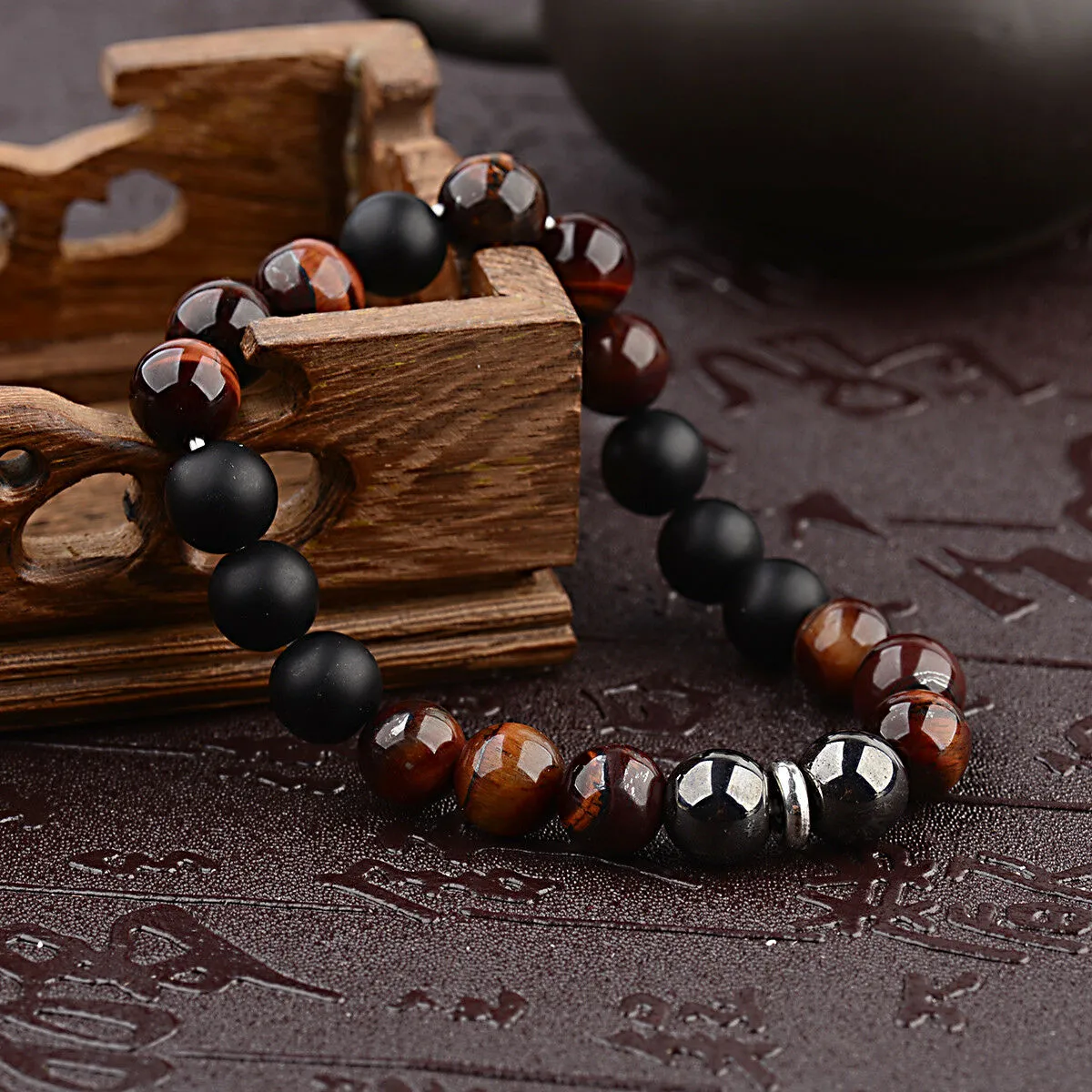 10mm Natural Tiger's Eye Hematite Black Onyx Bracelet