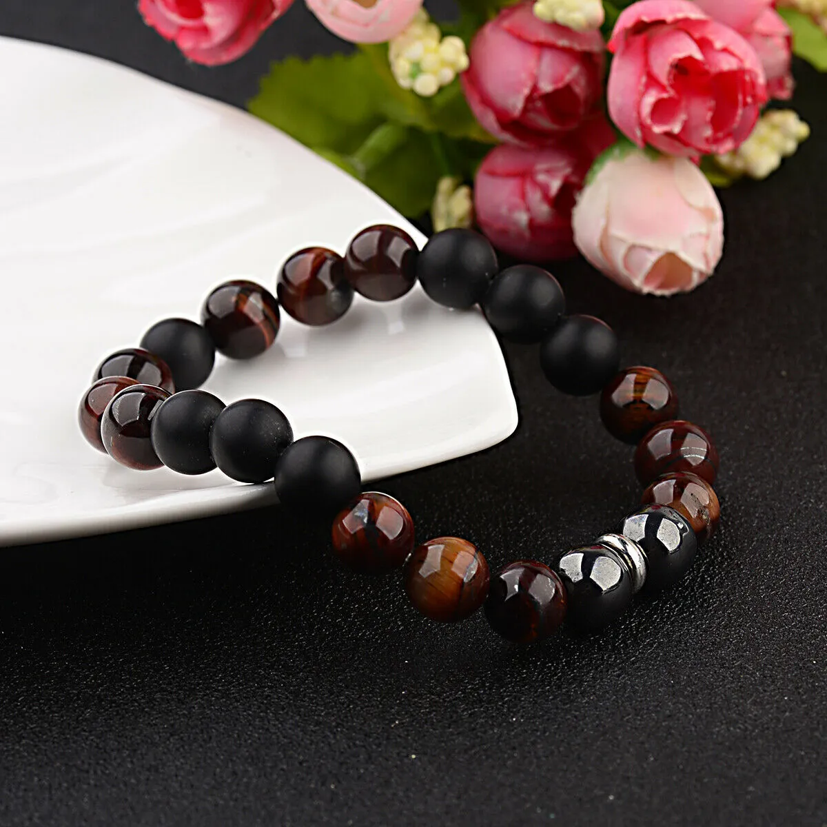 10mm Natural Tiger's Eye Hematite Black Onyx Bracelet