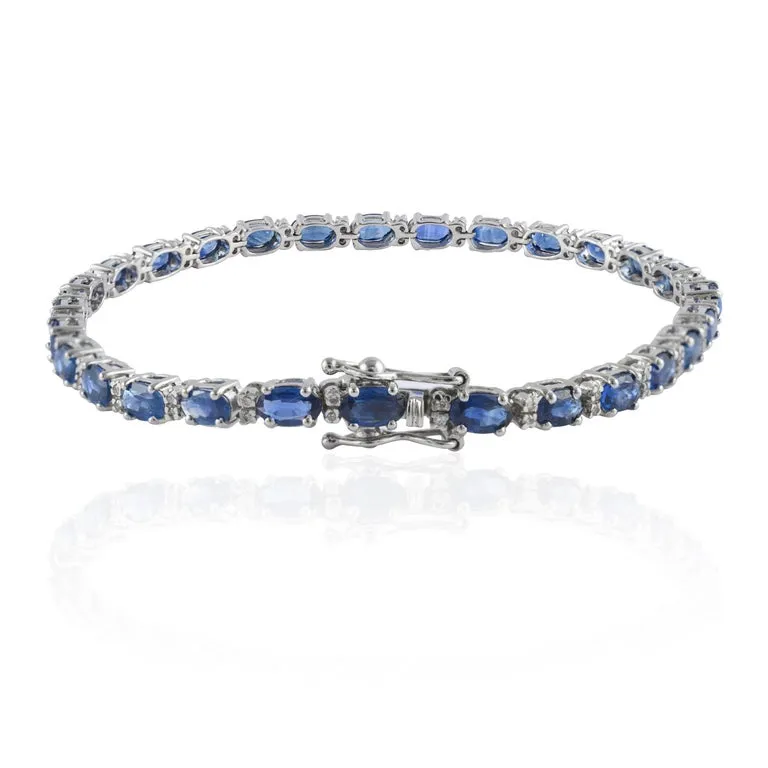 14K Solid Gold Blue Sapphire Diamond Tennis Bracelet