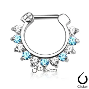 316L Surgical Steel Single Line Pronged Gems Septum Clicker-Aqua/Clear