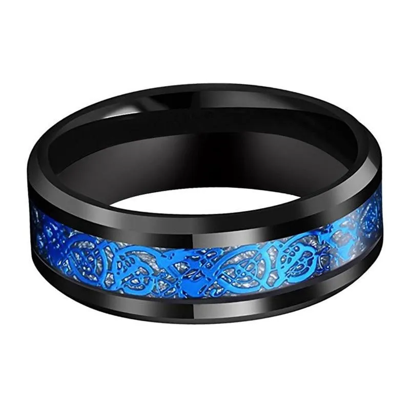 8mm Blue Dragon Inlay with Bright Meteorite Black-Plated Tungsten Wedding Band