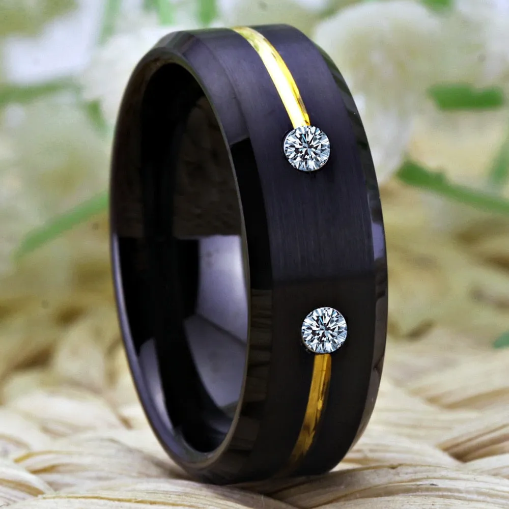 8mm Classic Golden Groove with Cubic Zirconia Inlay Tungsten Wedding Band