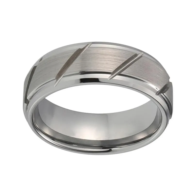 8mm Classic Multi-Grooved and Beveled Tungsten Carbide Wedding Band