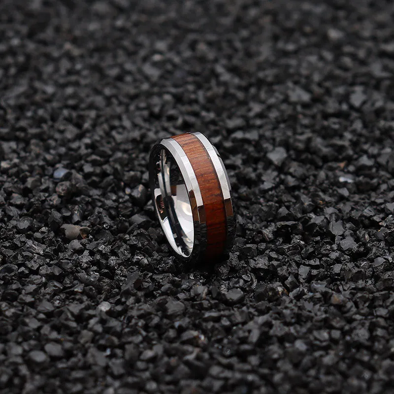 8mm Men High Polished Koa Wood Inlay Tungsten Wedding Ring