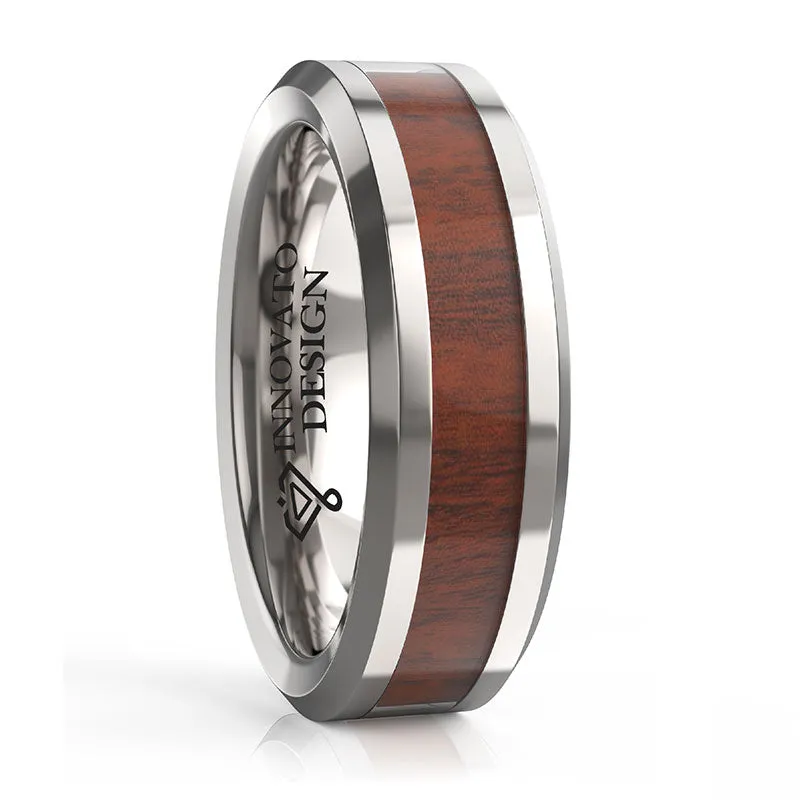 8mm Men High Polished Koa Wood Inlay Tungsten Wedding Ring