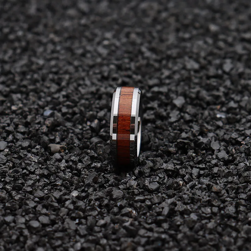 8mm Men High Polished Koa Wood Inlay Tungsten Wedding Ring