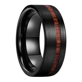 8mm Real Wood Inlay Flat Band Black Brushed Tungsten Carbide Wedding Ring