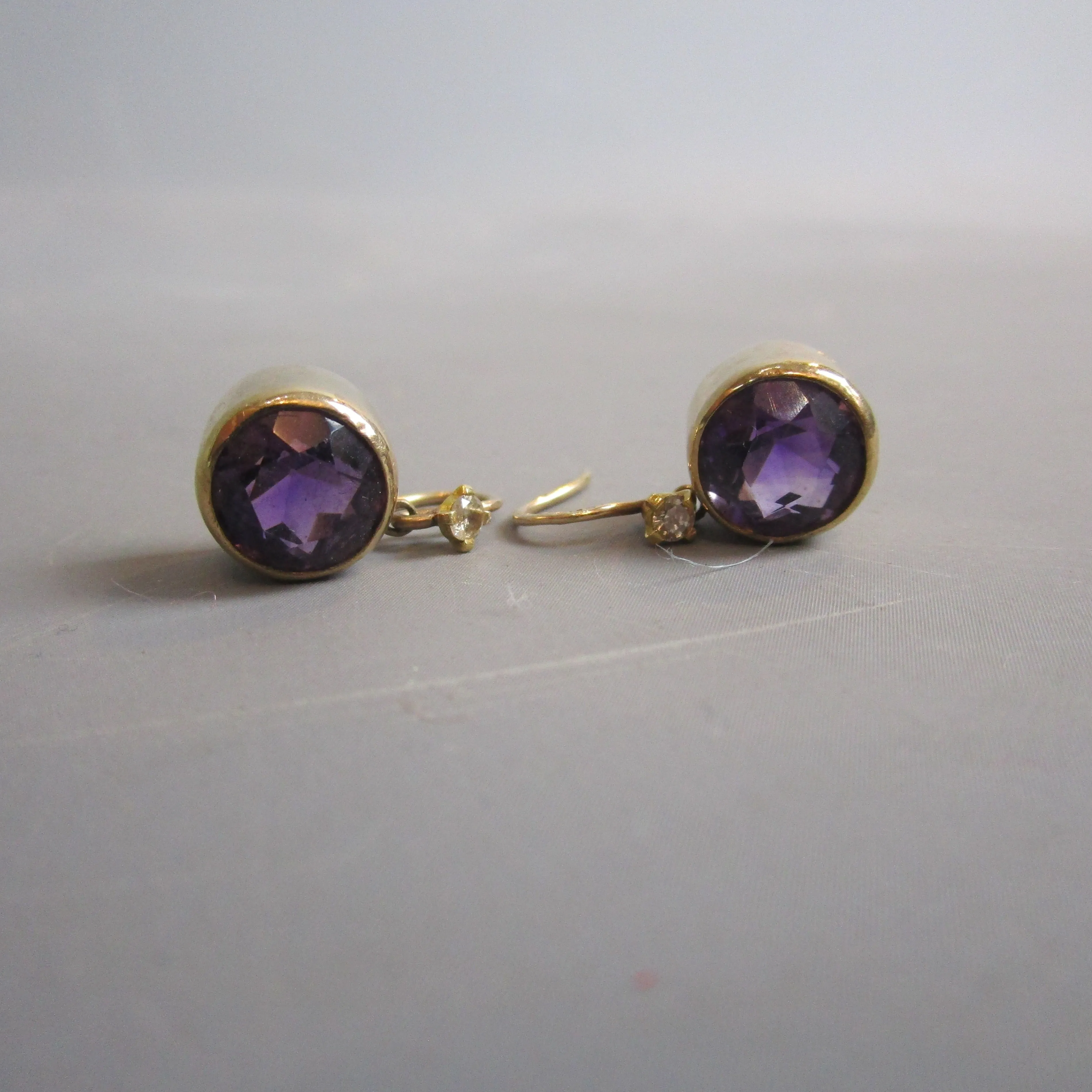 9ct Gold Amethyst And Diamond Drop Earrings Vintage Edwardian C1920