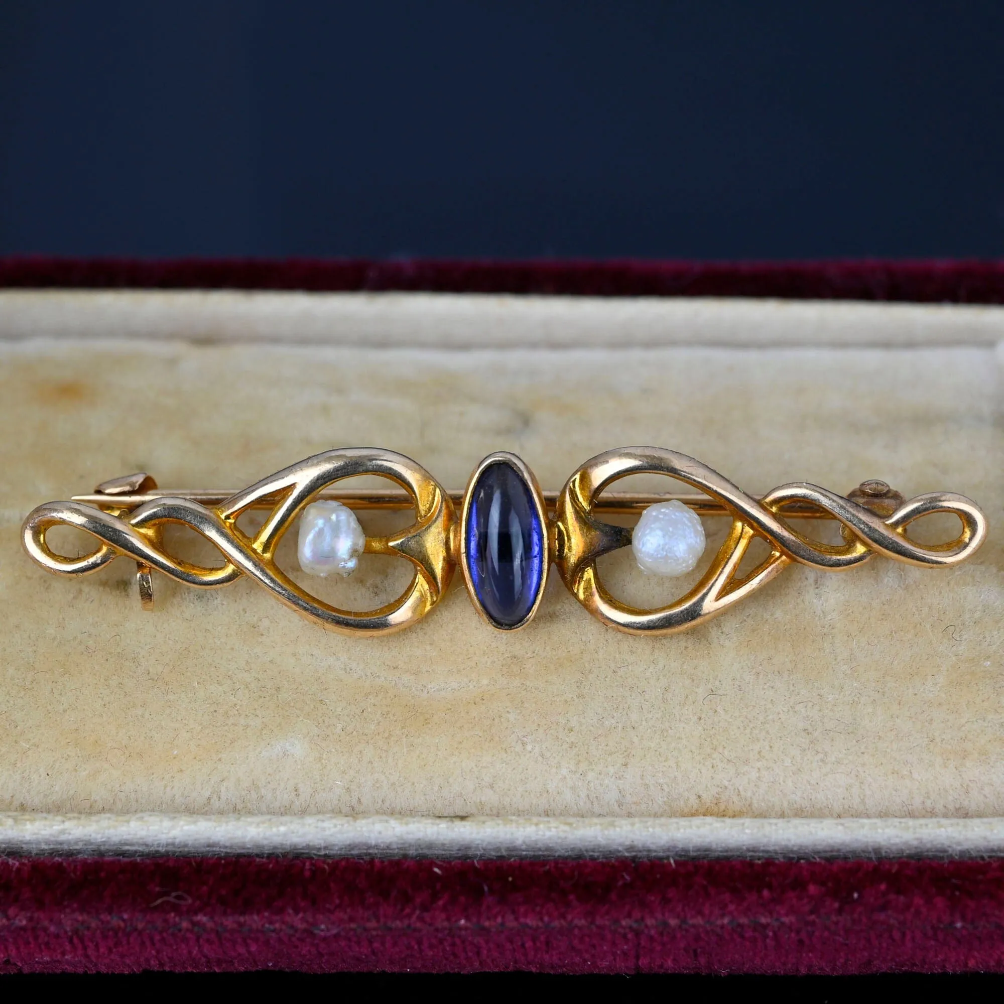 Antique Art Nouveau Pearl Sapphire Cabochon Brooch