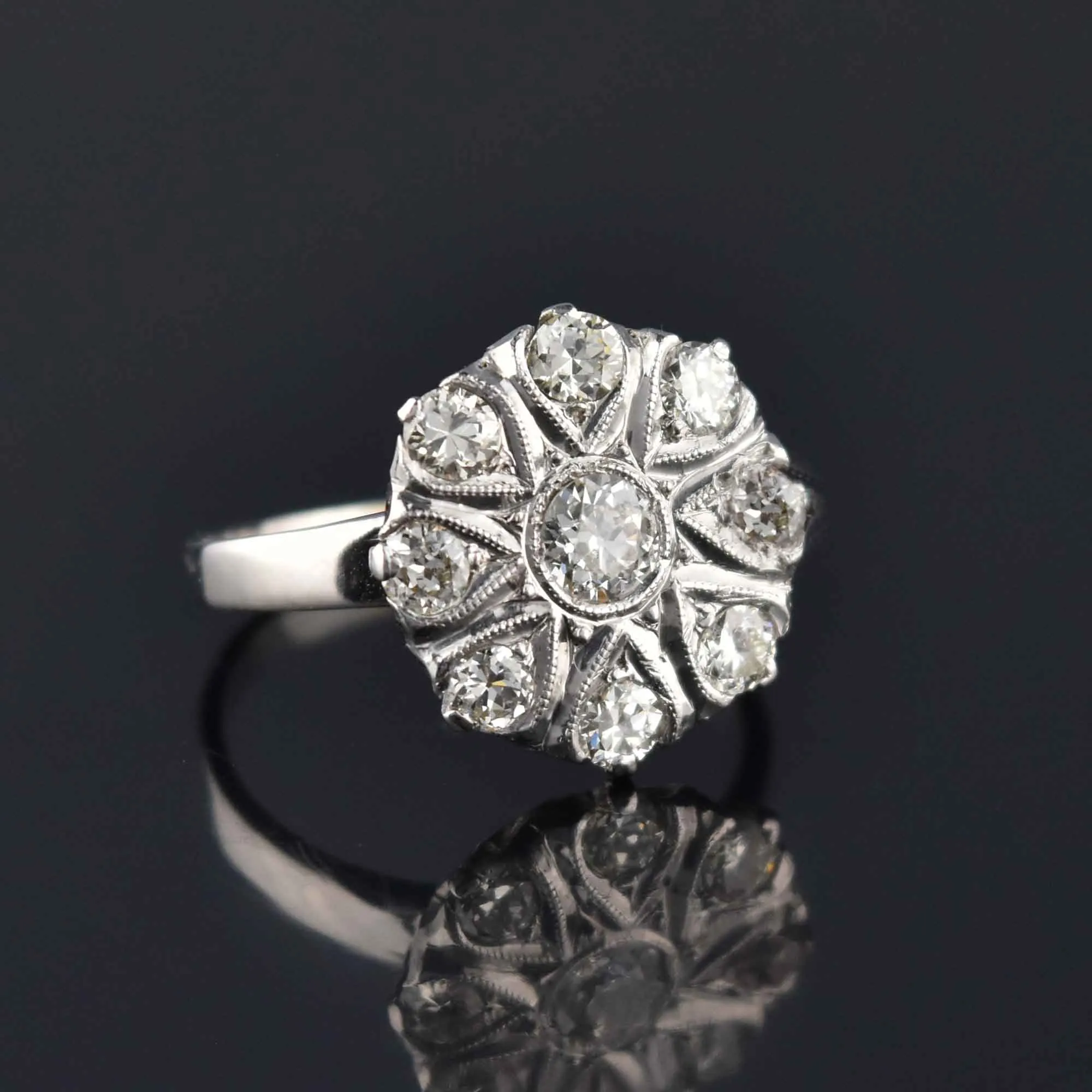 Antique Edwardian Diamond Cluster Ring in 14K White Gold