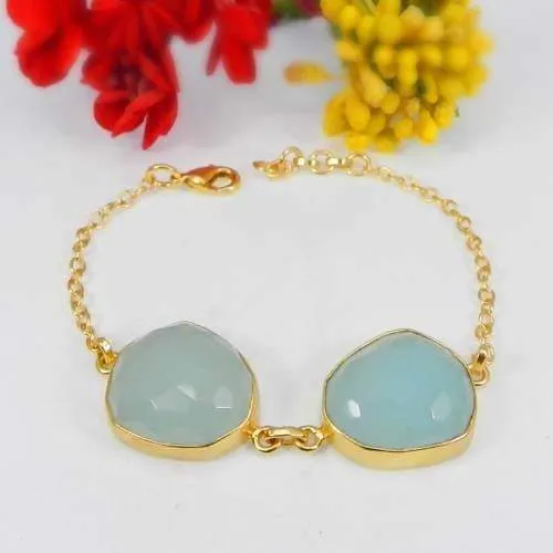 Aqua Chalcedony Bezel Set Gold Plated Fancy Chain Bracelet