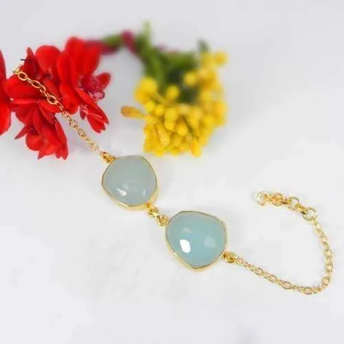 Aqua Chalcedony Bezel Set Gold Plated Fancy Chain Bracelet