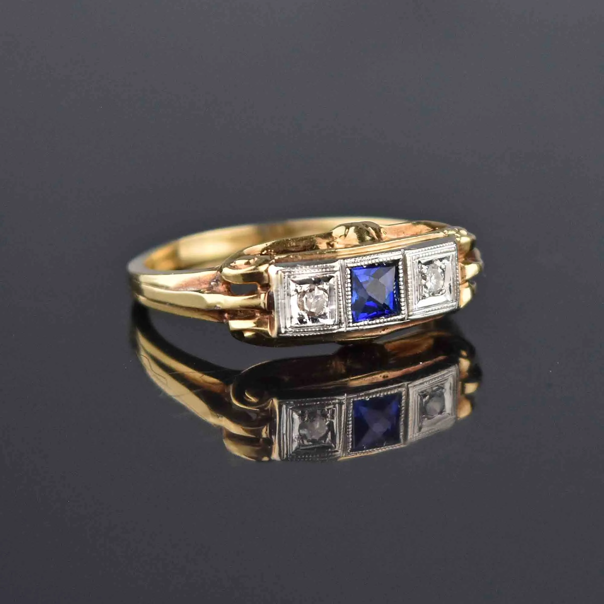 Art Deco 14K Gold Diamond Sapphire Ring