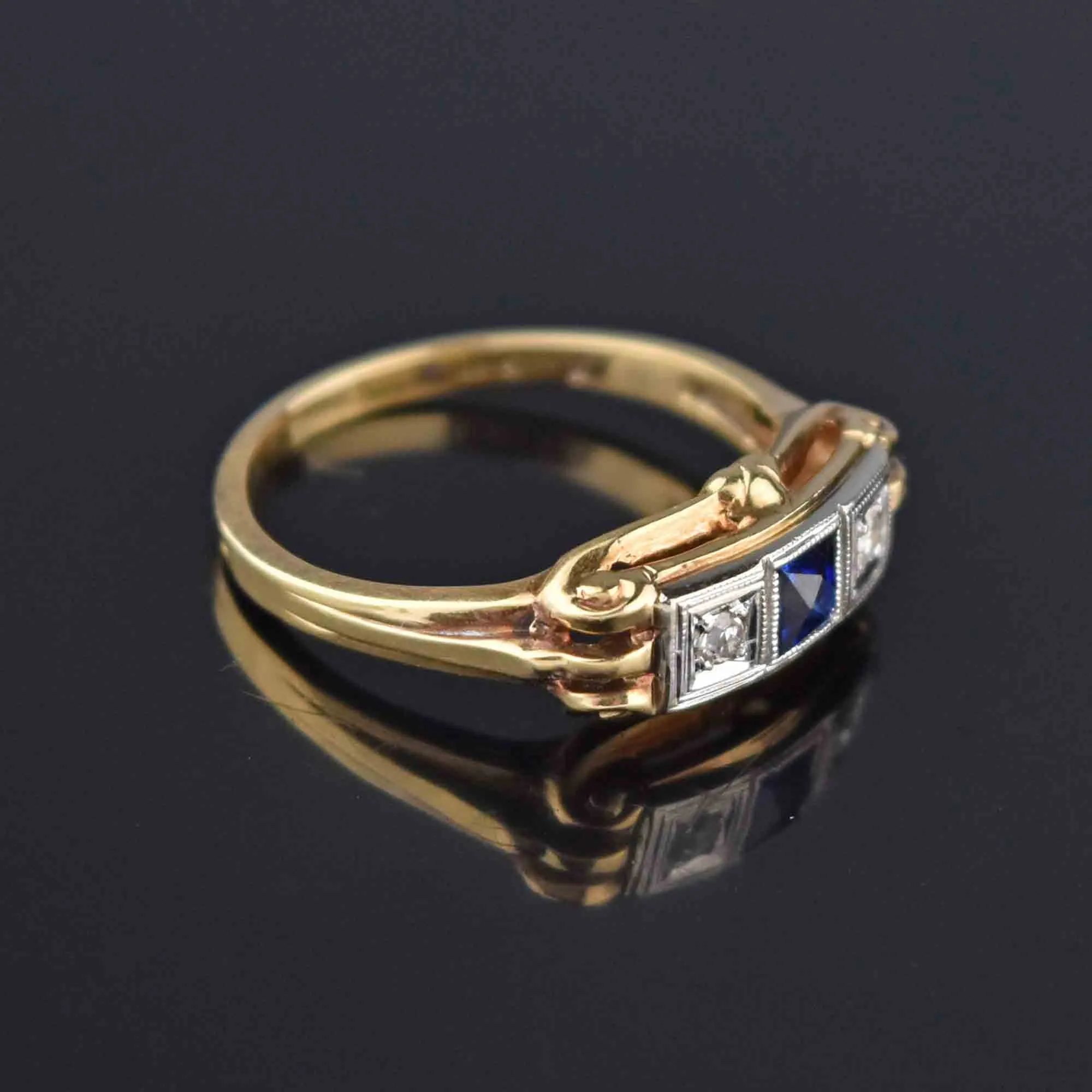 Art Deco 14K Gold Diamond Sapphire Ring