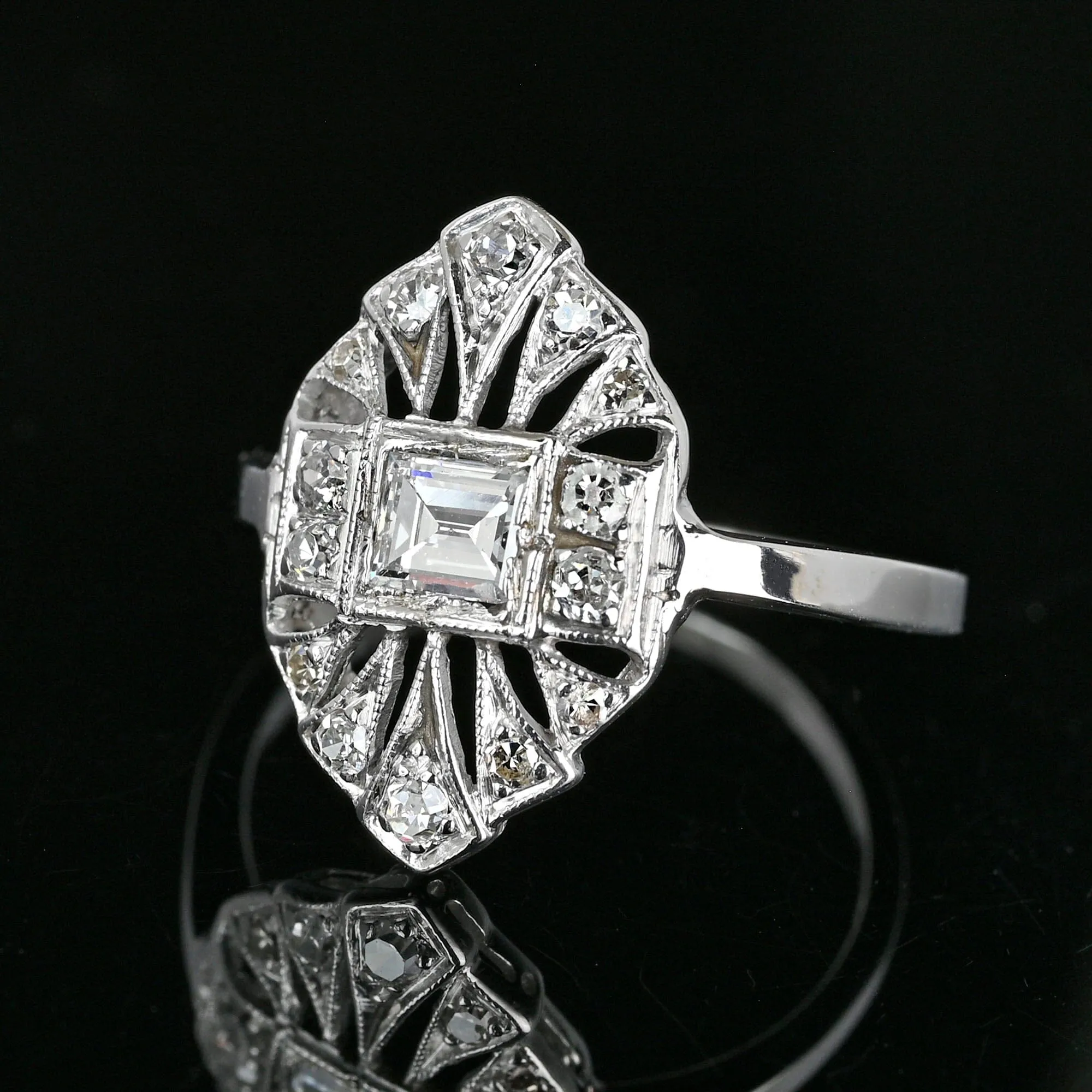 Art Deco Platinum Filigree Emerald Cut Diamond Ring