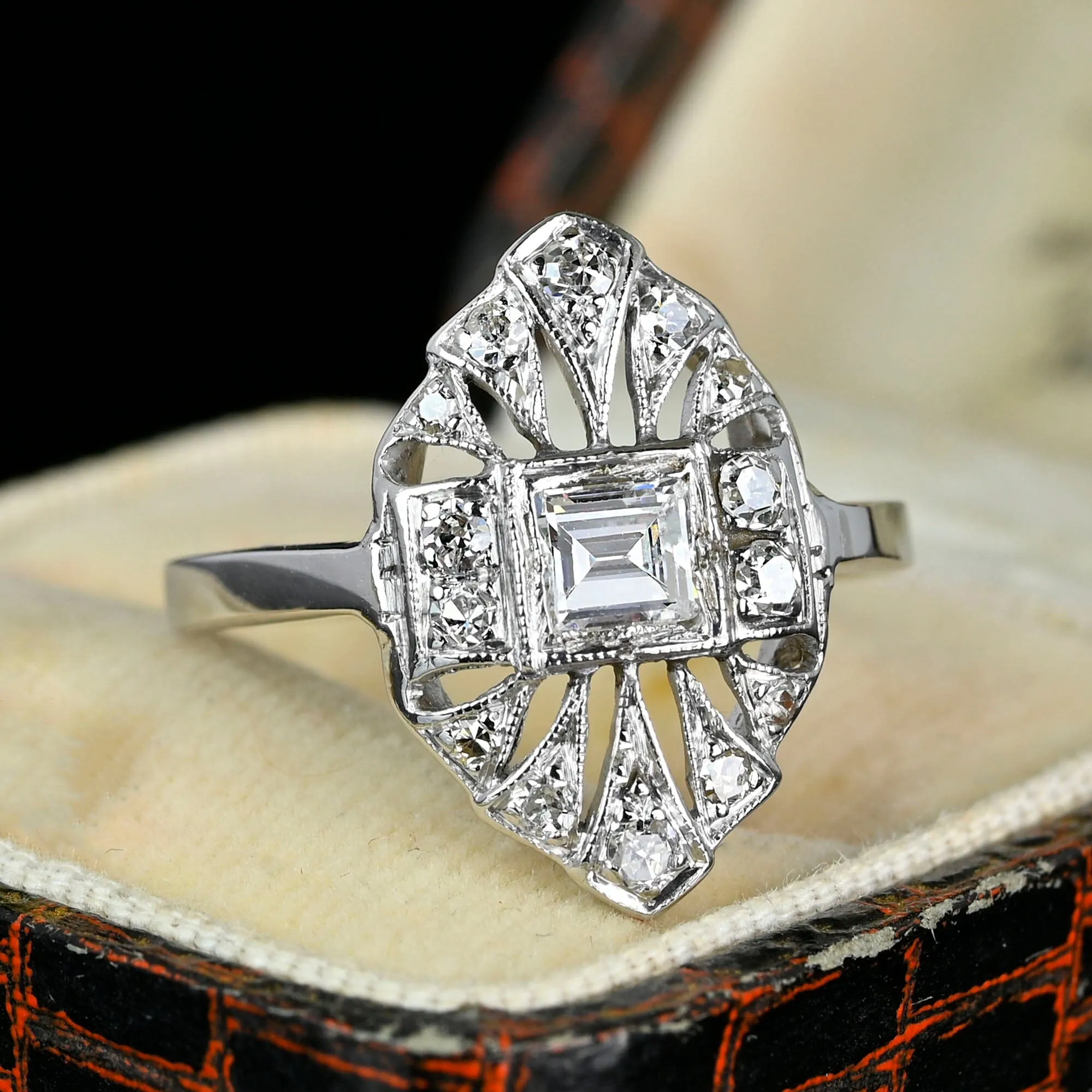 Art Deco Platinum Filigree Emerald Cut Diamond Ring