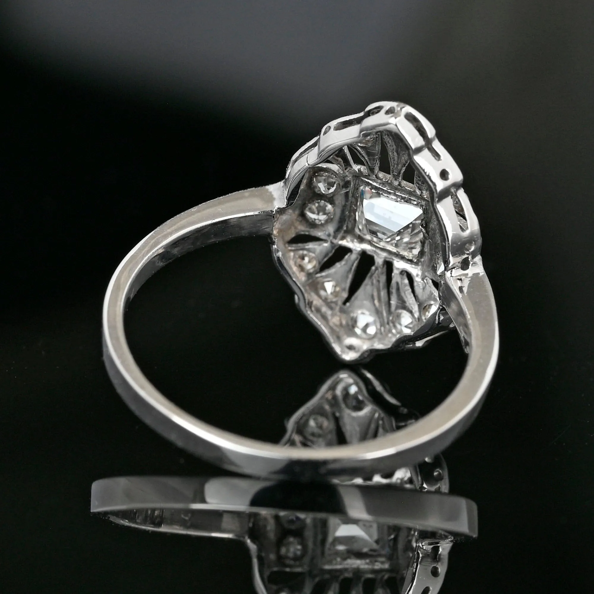 Art Deco Platinum Filigree Emerald Cut Diamond Ring