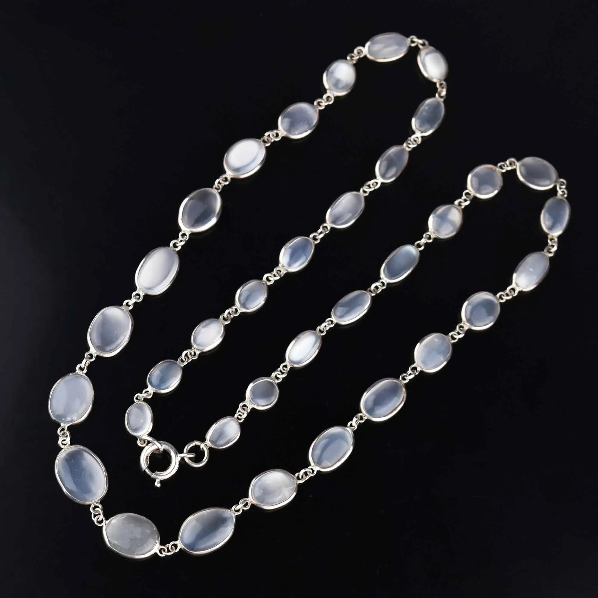 Art Deco Silver Long Natural Moonstone Necklace