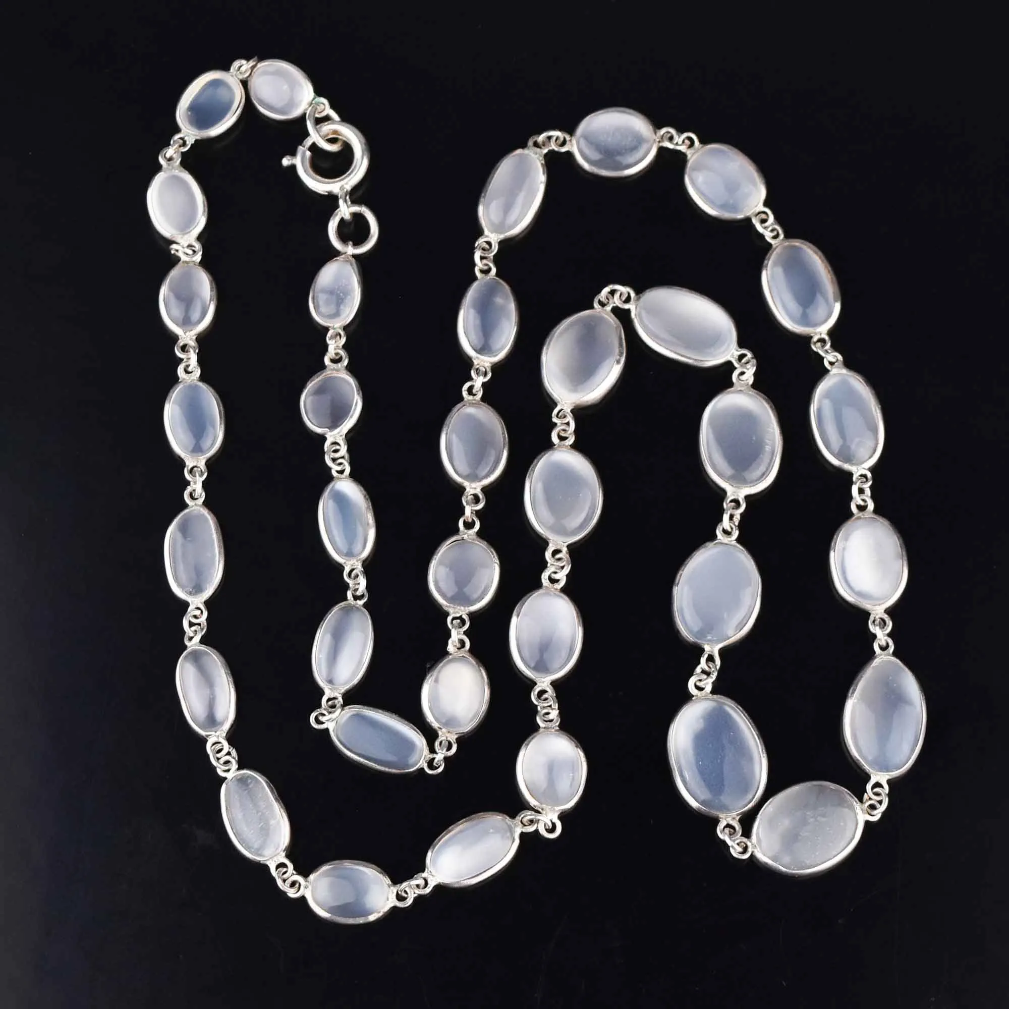 Art Deco Silver Long Natural Moonstone Necklace