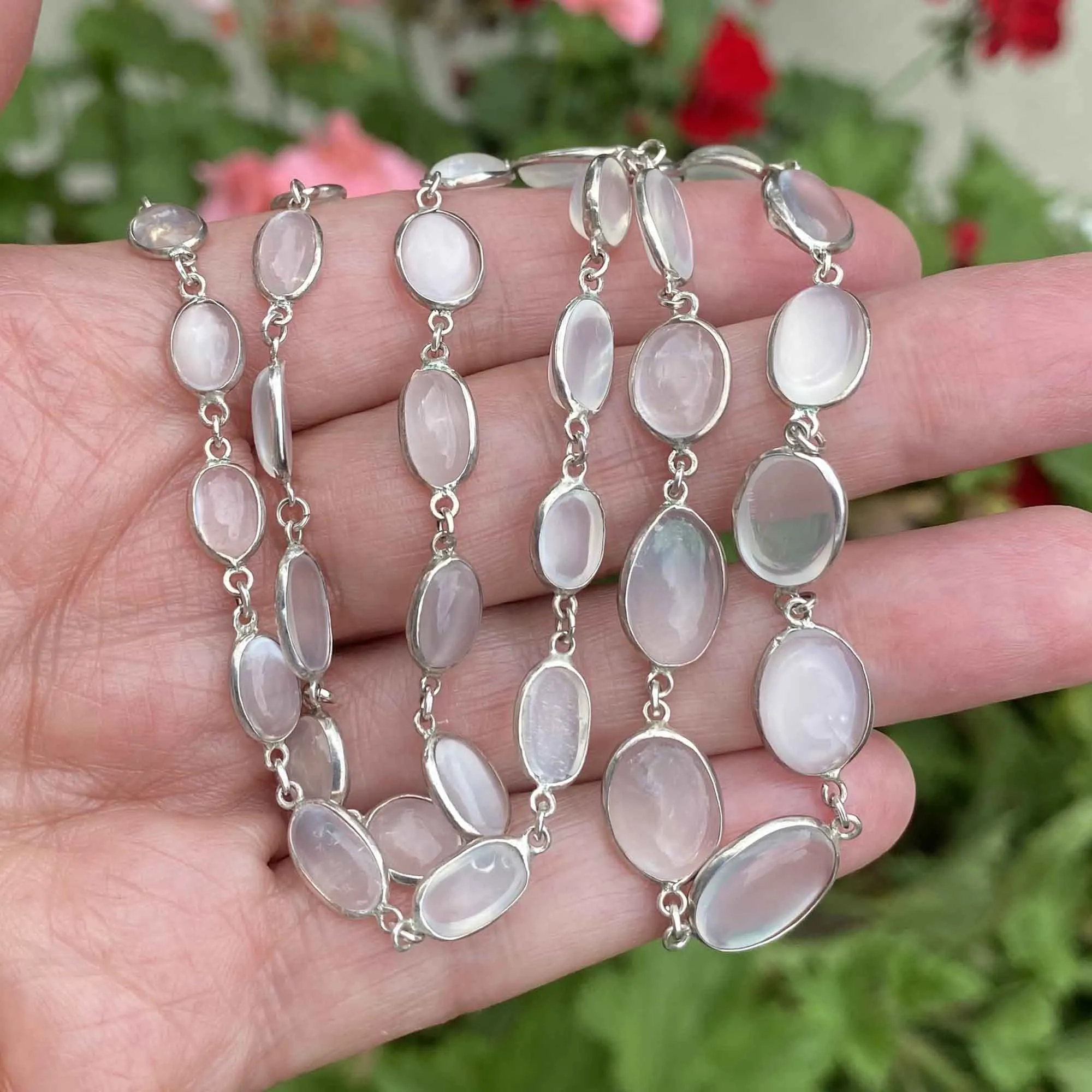 Art Deco Silver Long Natural Moonstone Necklace