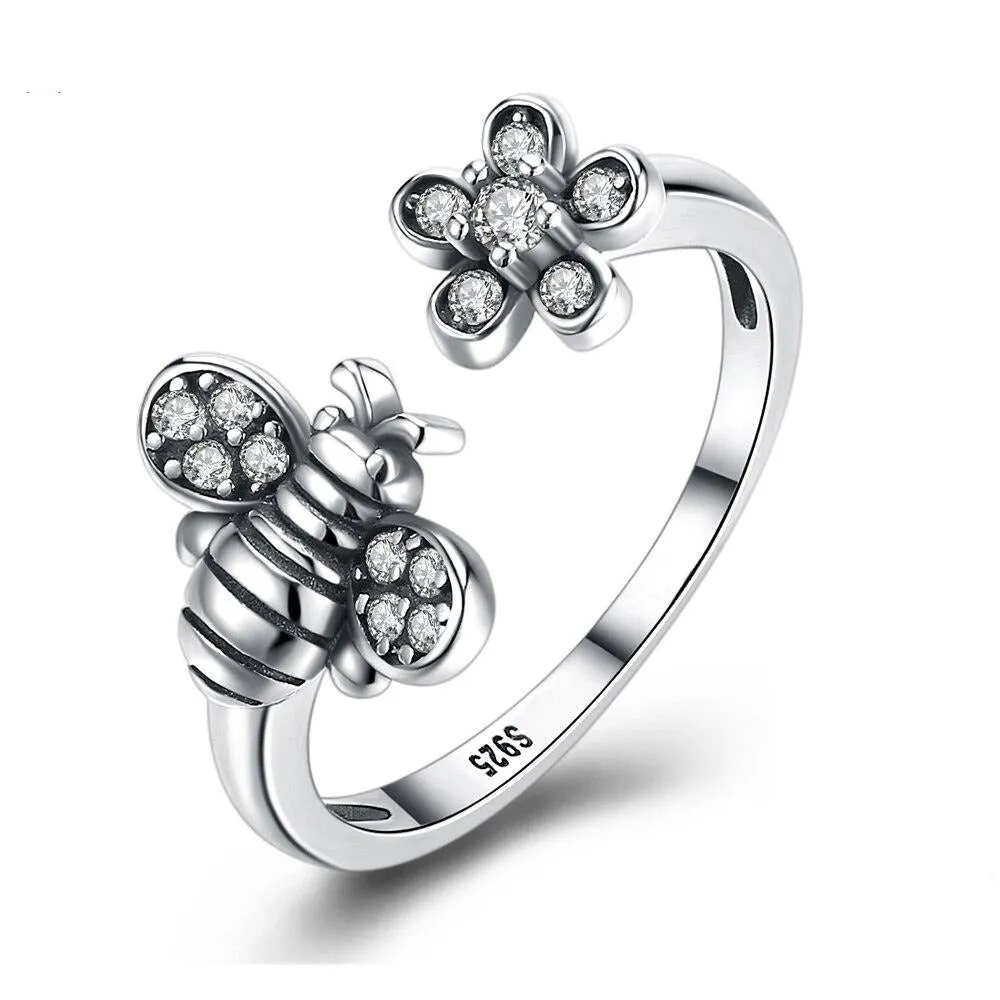 Bee and Flower Design Cubic Zirconia 925 Sterling Silver Adjustable Ring