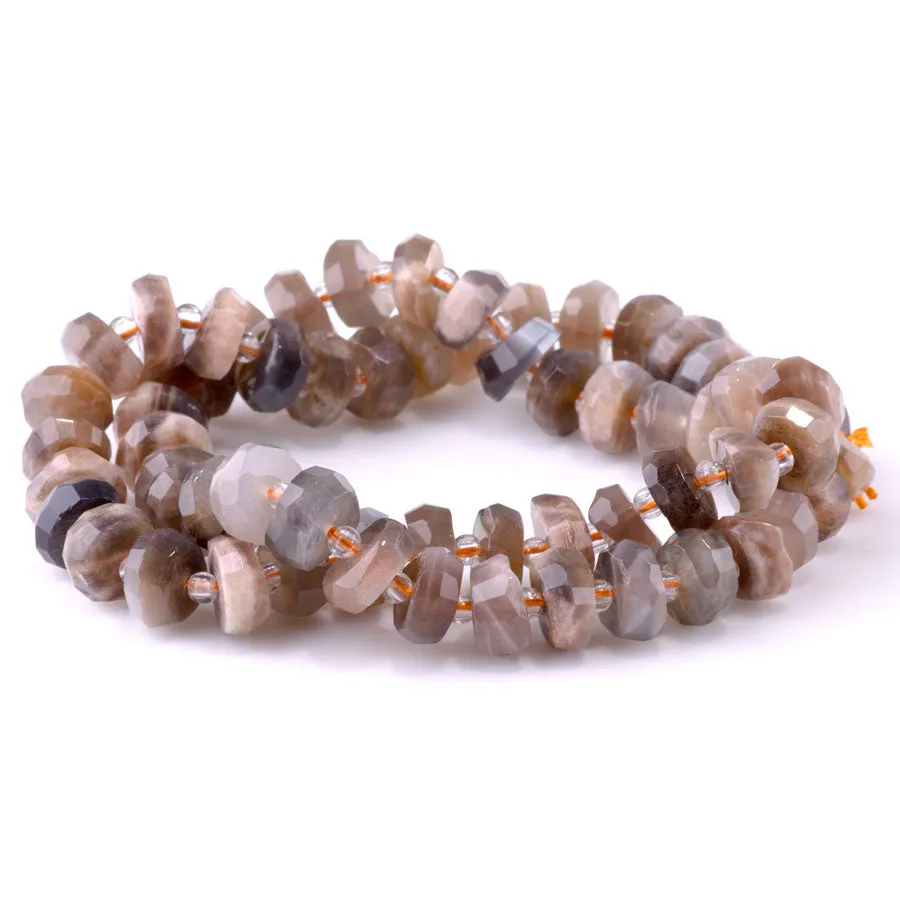 Black and Peach Moonstone 5x9mm Irregular Rondelle Faceted - 15-16 Inch