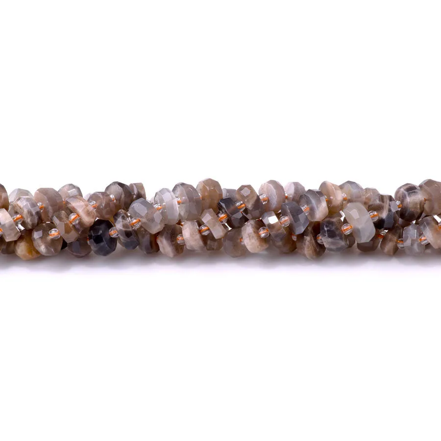 Black and Peach Moonstone 5x9mm Irregular Rondelle Faceted - 15-16 Inch