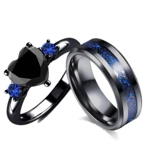 Mens Black Celtic Dragon Inlay Tungsten Carbide Wedding Ring Set with Black Heart Cubic Zirconia Accents