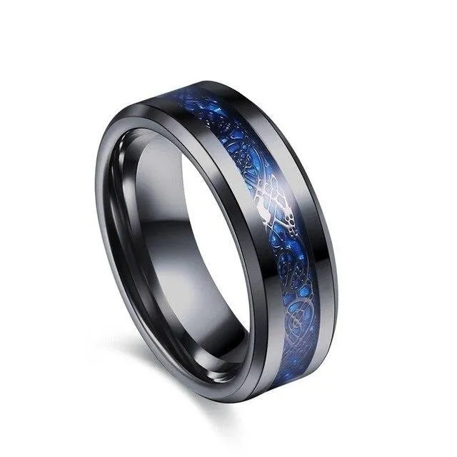 Mens Black Celtic Dragon Inlay Tungsten Carbide Wedding Ring Set with Black Heart Cubic Zirconia Accents