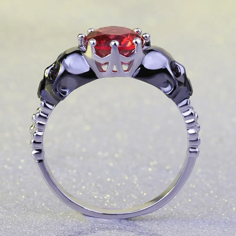 Black Skull and Red Crystal Punk Wedding Ring