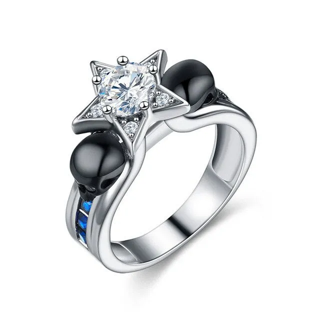 Black Skull and Star Cubic Zirconia Vintage Wedding Ring