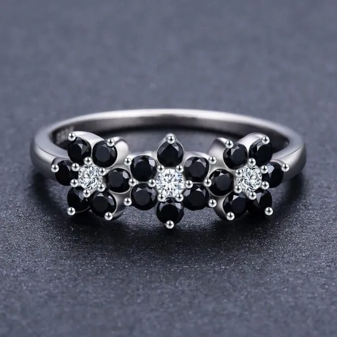 Black Spinel Flowers 925 Sterling Silver Fine Wedding Ring