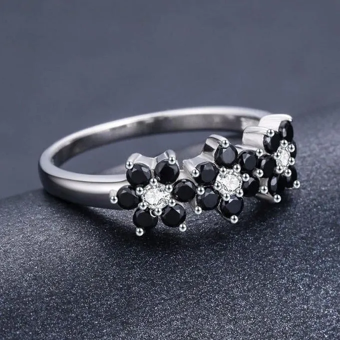 Black Spinel Flowers 925 Sterling Silver Fine Wedding Ring