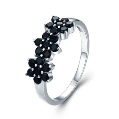 Black Spinel Flowers 925 Sterling Silver Fine Wedding Ring