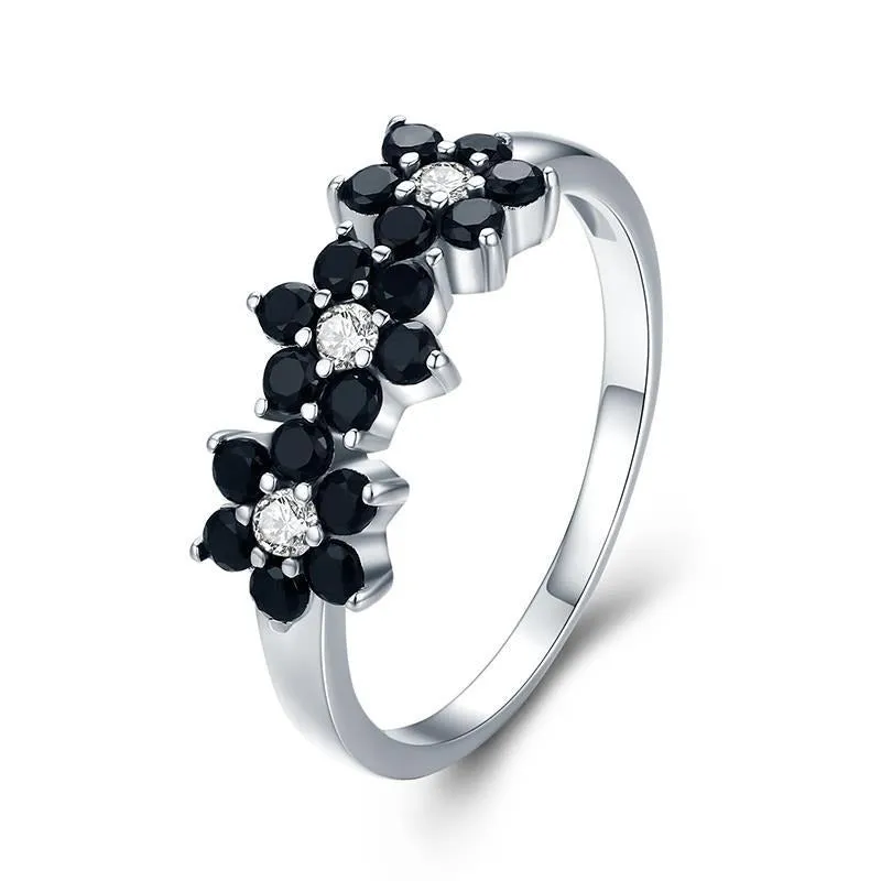 Black Spinel Flowers 925 Sterling Silver Fine Wedding Ring