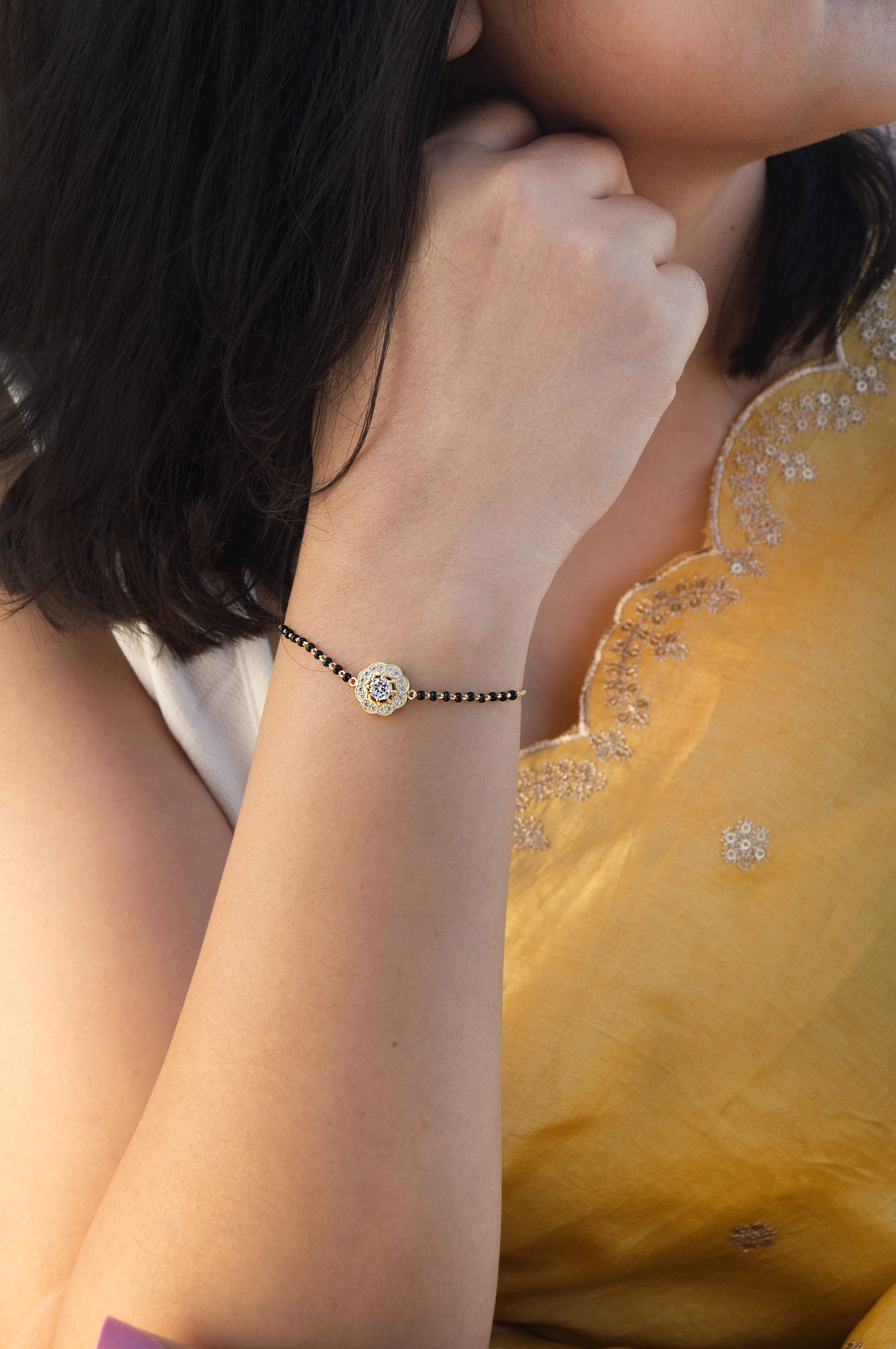 Bling With A Solitaire  Gold Plated Sterling Silver Adjustable Mangalsutra Bracelet