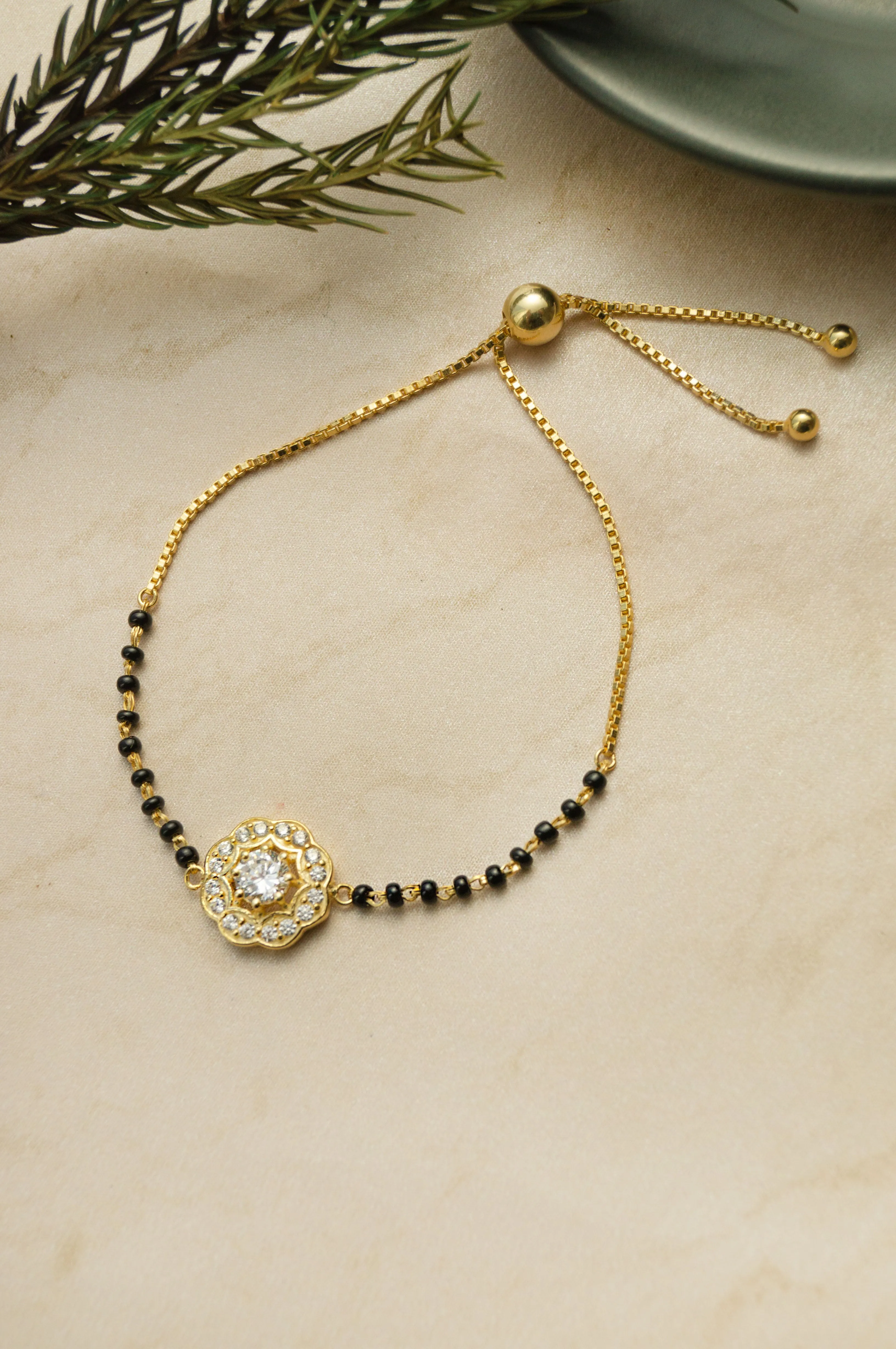 Bling With A Solitaire  Gold Plated Sterling Silver Adjustable Mangalsutra Bracelet