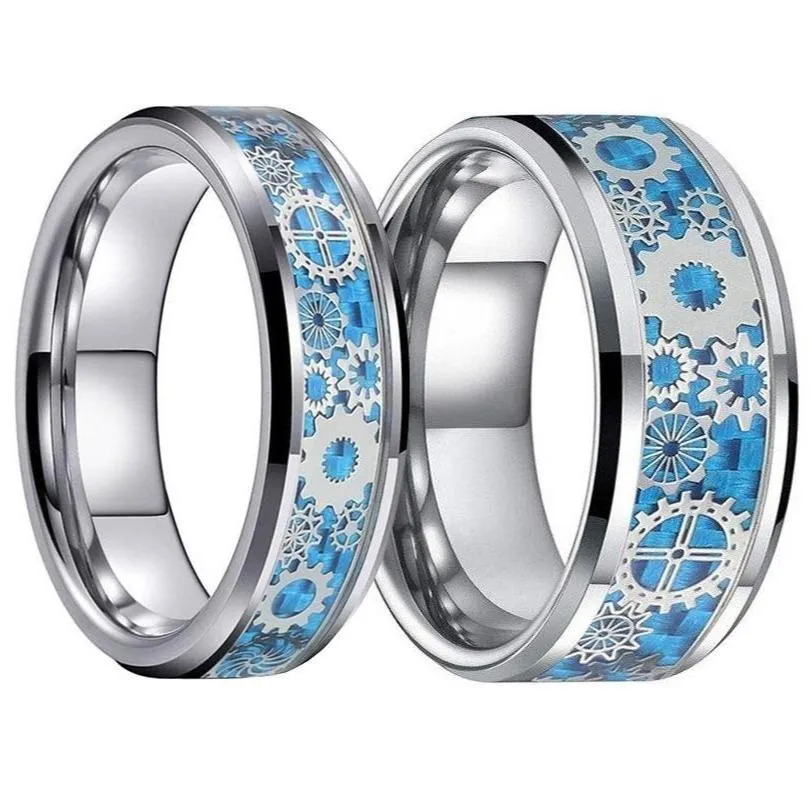 Blue & Silver Carbon Fiber with Gear Inlay Tungsten Matching Wedding Ring Set