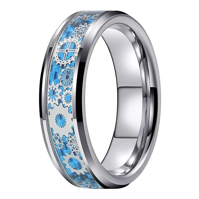 Blue & Silver Carbon Fiber with Gear Inlay Tungsten Matching Wedding Ring Set