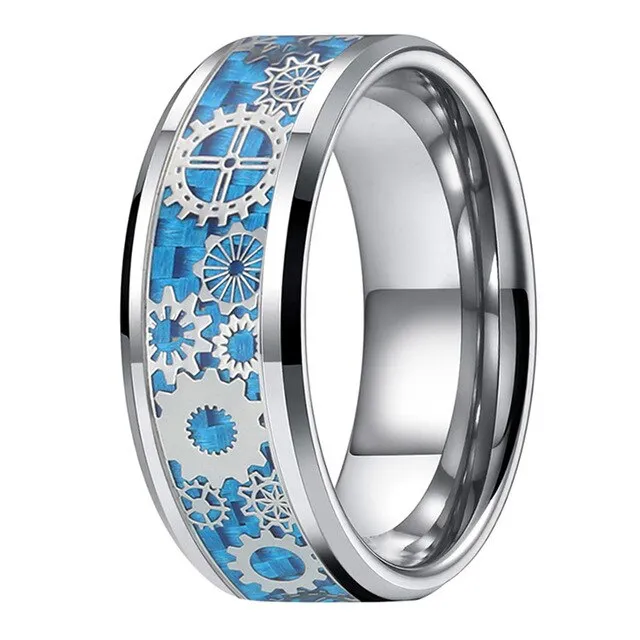 Blue & Silver Carbon Fiber with Gear Inlay Tungsten Matching Wedding Ring Set