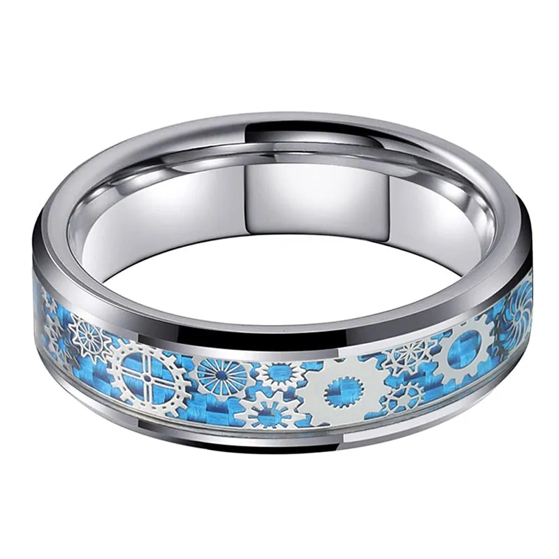 Blue & Silver Carbon Fiber with Gear Inlay Tungsten Matching Wedding Ring Set