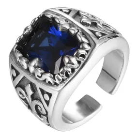 Blue Cubic Zirconia Stone 925 Sterling Silver Adjustable Vintage Heavy Rock Biker Ring