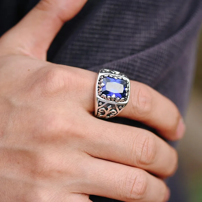 Blue Cubic Zirconia Stone 925 Sterling Silver Adjustable Vintage Heavy Rock Biker Ring