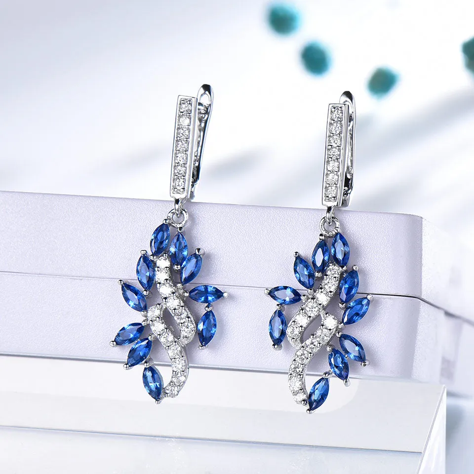 Blue Sapphire and Cubic Zirconia 925 Sterling Silver Pendant, Drop Earrings & Ring Jewelry Set