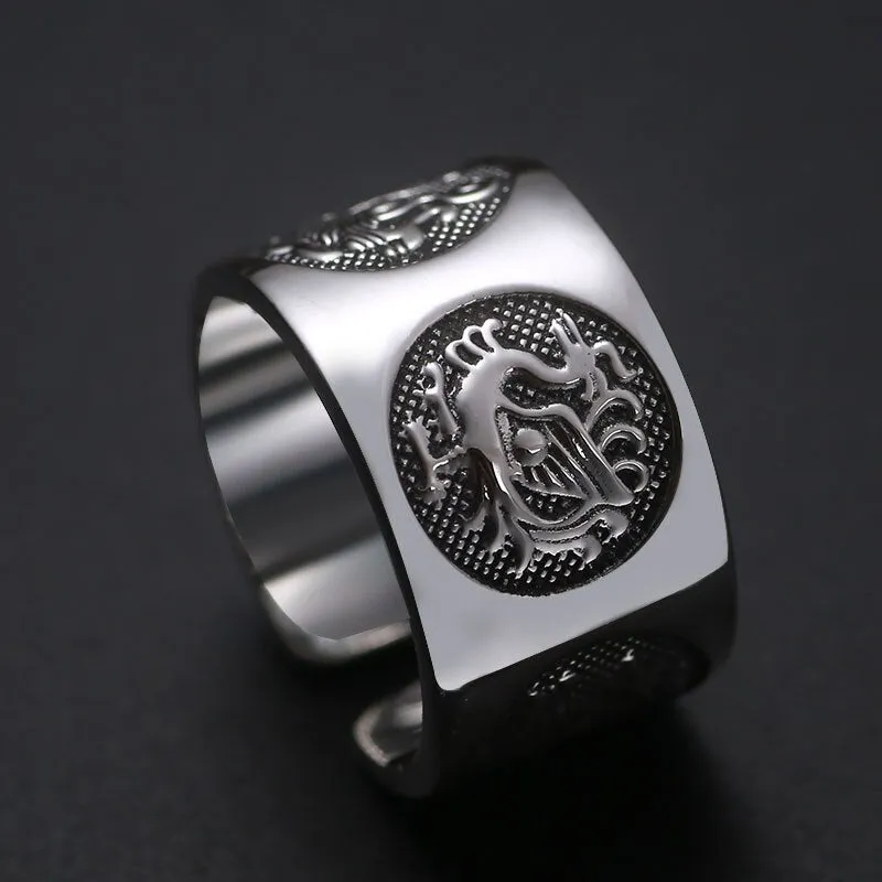 Chinese Four Mythical Creatures 999 Genuine Silver Adjustable Ring