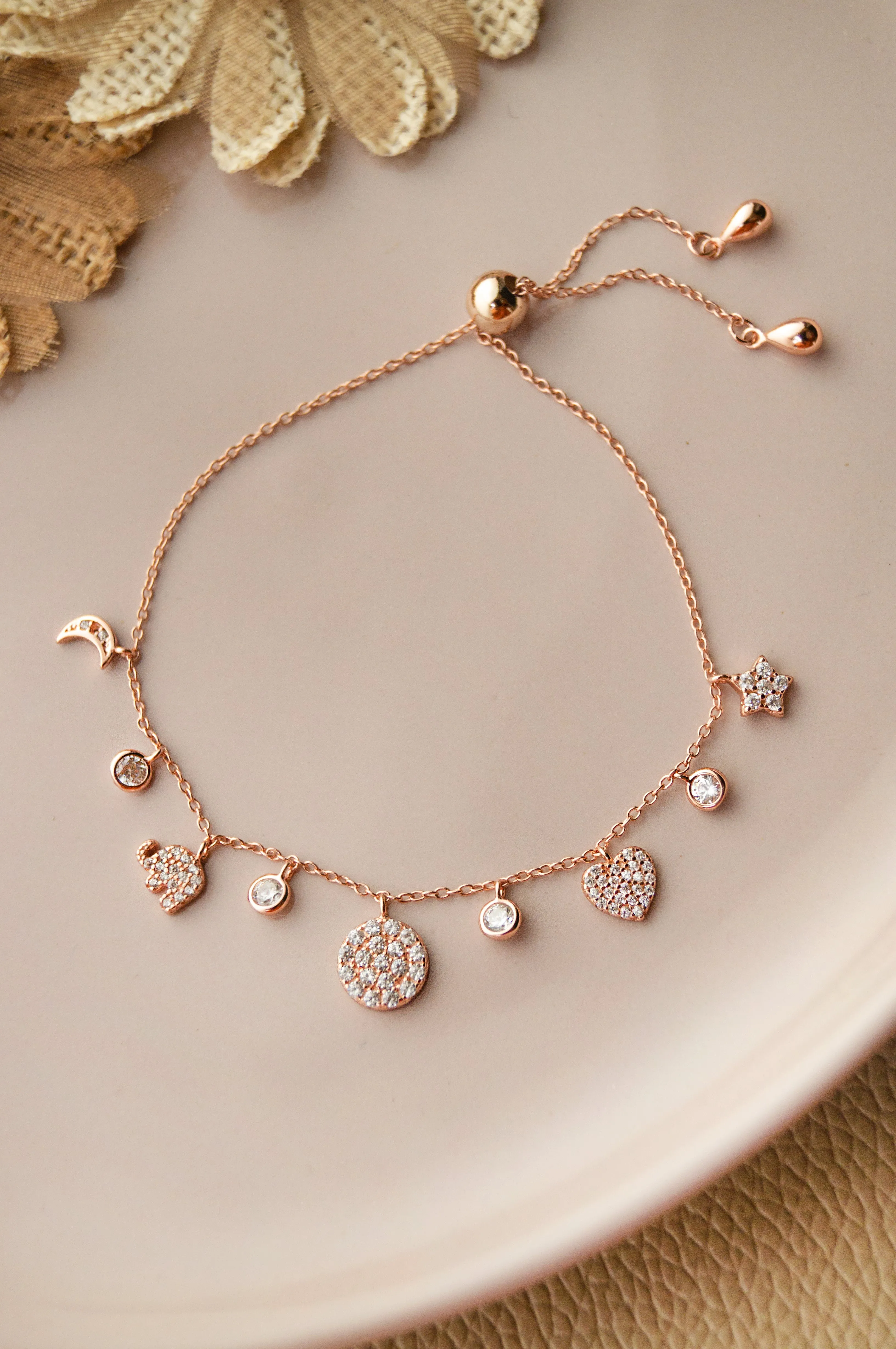 Cutie Charms Rose Gold Plated Sterling Silver Pull Chain Bracelet