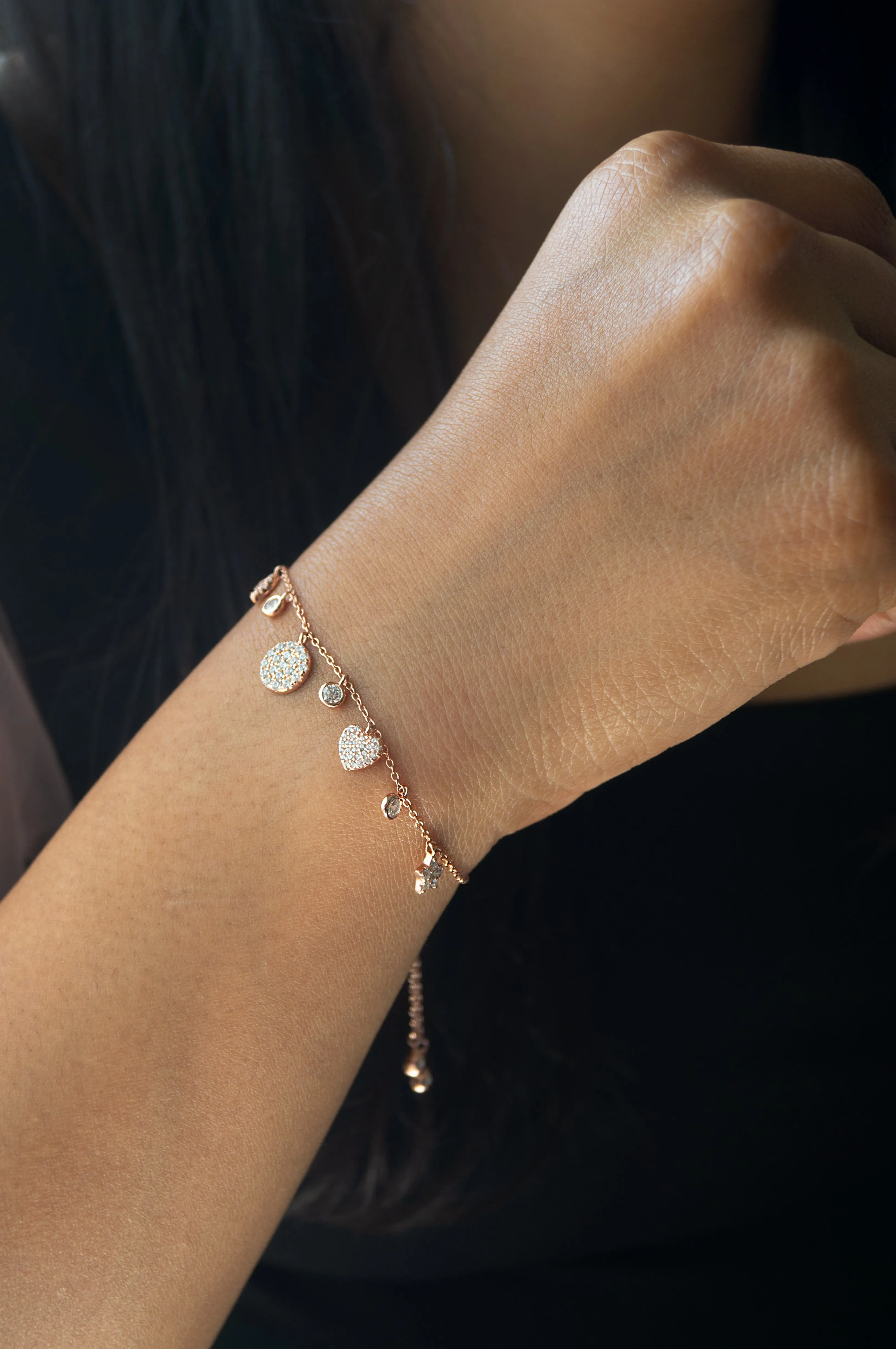 Cutie Charms Rose Gold Plated Sterling Silver Pull Chain Bracelet