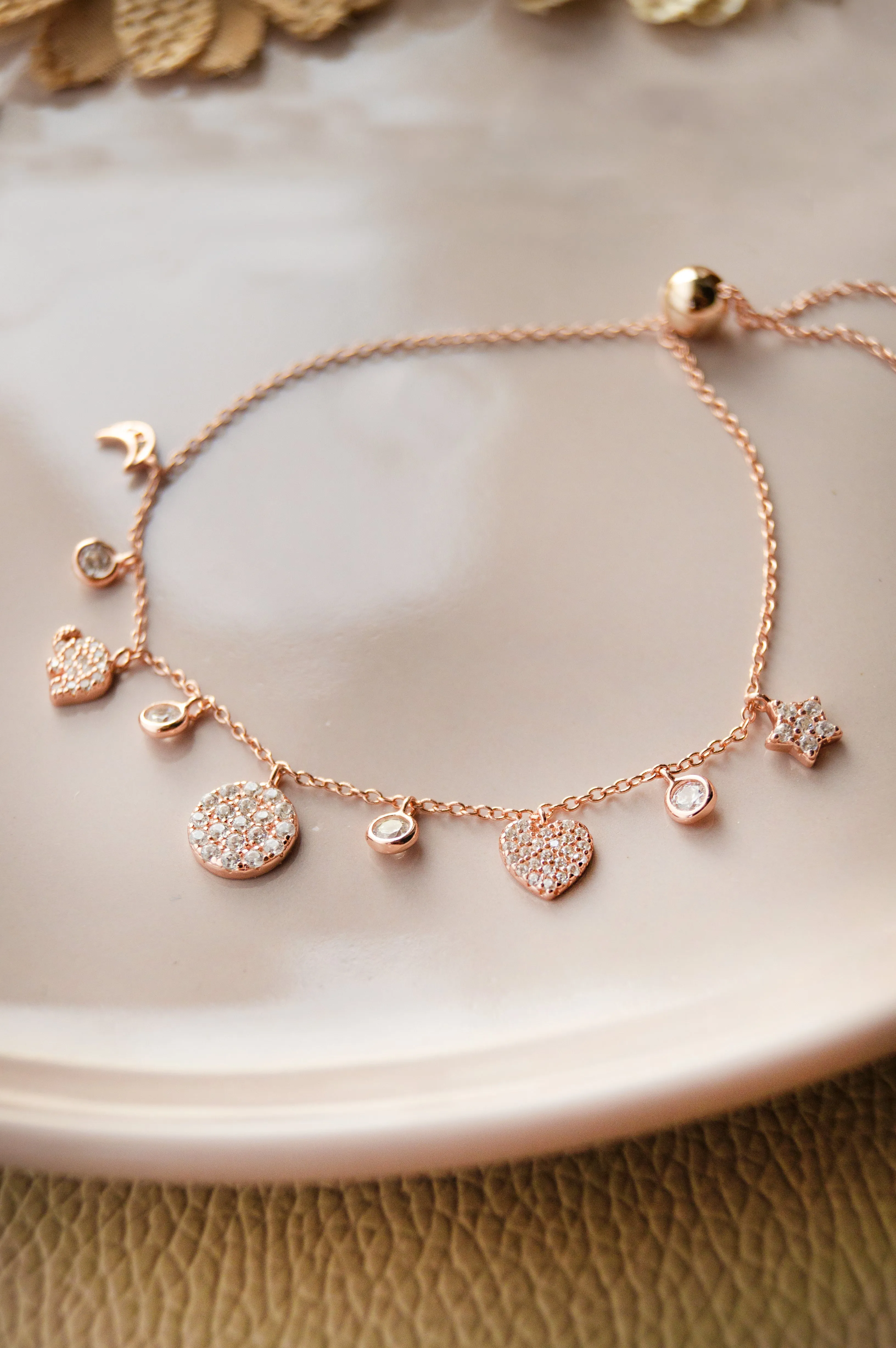 Cutie Charms Rose Gold Plated Sterling Silver Pull Chain Bracelet